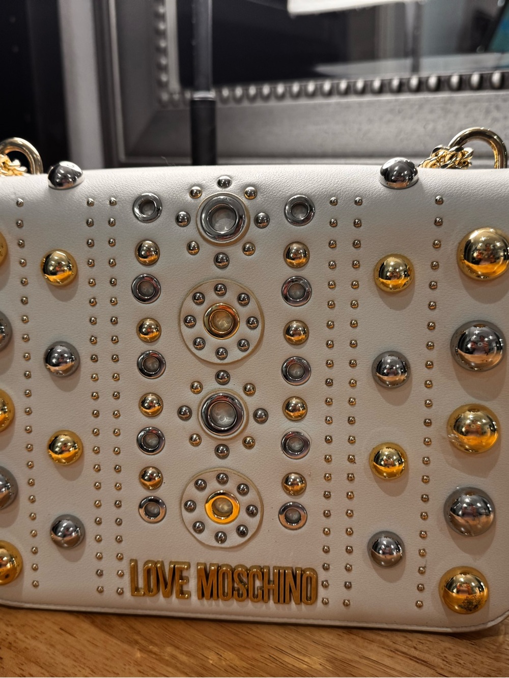 Love Moschino White Crossbody with Gold & Silver Stud Accents